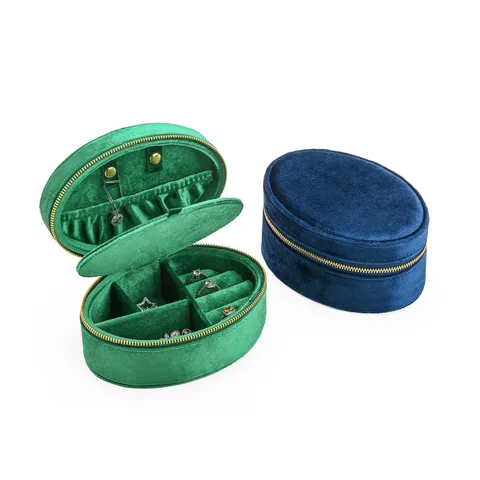 Boîte à Bijoux Portable en Velours Voyage Bague Rangement Organisateur Fermeture Éclair Ovale Petit Étui à Bijoux Support Pour Femmes Filles Cadeau