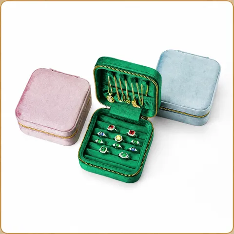 Portable Velvet Jewelry Box Square Small Travel Ring Storage Organizer With Zipper Compartments For Women Girls