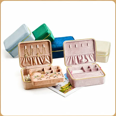 Boîte à Bijoux Portable en Velours Double Couche Grande Capacité Étui de Rangement de Voyage Avec Miroir Fentes pour Bagues pour Femmes