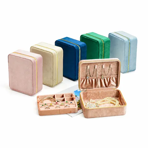 Boîte à Bijoux Portable en Velours Double Couche Grande Capacité Étui de Rangement de Voyage Avec Miroir Fentes pour Bagues pour Femmes