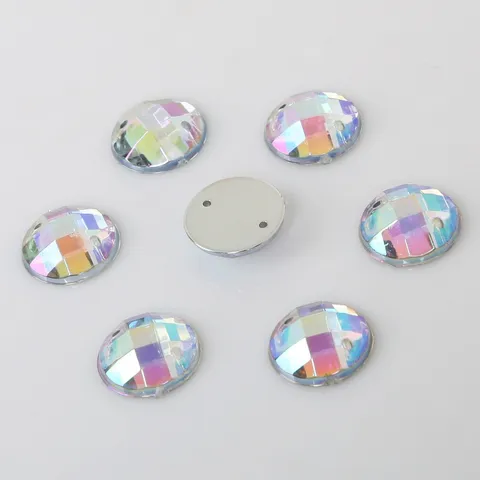 Round Grid Surface Multi Faceted Acrylic Rhinestones Flatback Two Holes Sew On Rhinestones For DIY Clothing Accessories Jewelry Crafts Decor