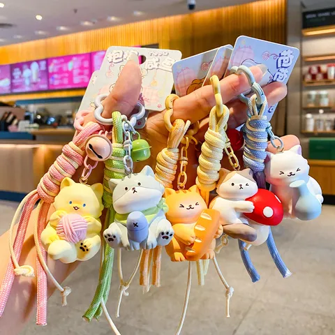 Niedliche Harz Cartoon Katze Schlüsselanhänger Kreativer Auto Schlüsselring Geflochtenes Seil Glocke Tasche Charm Anhänger Neuheit Tier Schlüsselhalter Geschenk Für Freunde