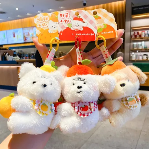 Süßer Plüsch Obst Welpen Schlüsselanhänger Kawaii Orange Apfel Pfirsich Hund Puppe Tasche Anhänger Weiches Stofftier Charme Für Schlüsselanhänger Geschenke