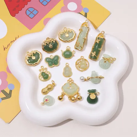 Colgante de Aleación y Vidrio Falsa Jade Bolsa de la Suerte Calabaza Candado Accesorios de Joyería DIY