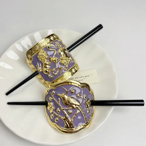 Vintage Chinese Style Metal Enamel Hair Stick Magpie Bird Flower Purple Gold Hairpin For Women Retro Hair Accessories Hair Pin