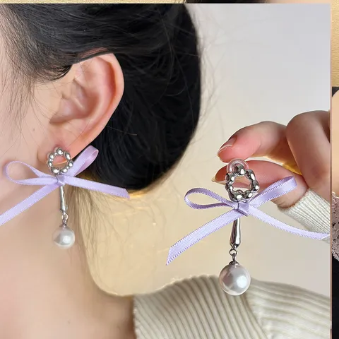 Sweet Princess Lolita Style Alloy Artificial Pearl Bead Chain Necklace Drop Earrings Set Purple Satin Bowknot Metal Ribbon Charm Choker Wedding Party Holiday Fine Decor Jewelry for Women Girl Gift
