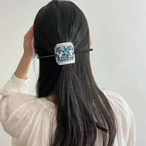 Vintage Ethnic Cloisonne Enamel Hair Stick Carved Lion Magpie Pattern Hair Accessory For Women Traditional Retro Hair Pin