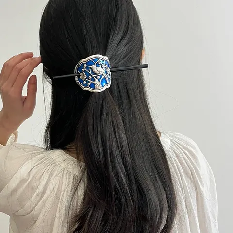 Vintage Ethnic Cloisonne Enamel Hair Stick Carved Lion Magpie Pattern Hair Accessory For Women Traditional Retro Hair Pin