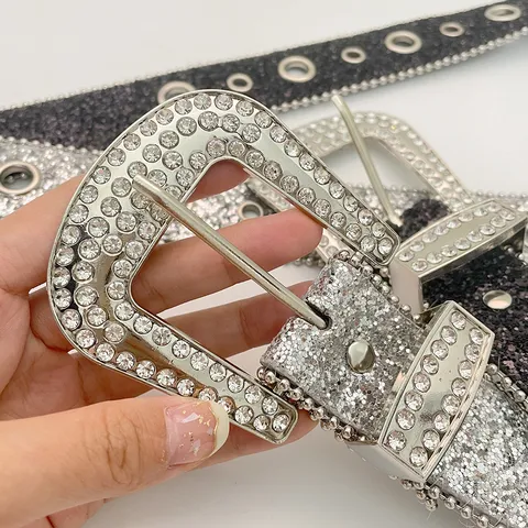 Women Rhinestone Belt Fashion Bling Sequin Wide Waist Belt Western Punk Style Waistband PU Leather Belt For Jeans
