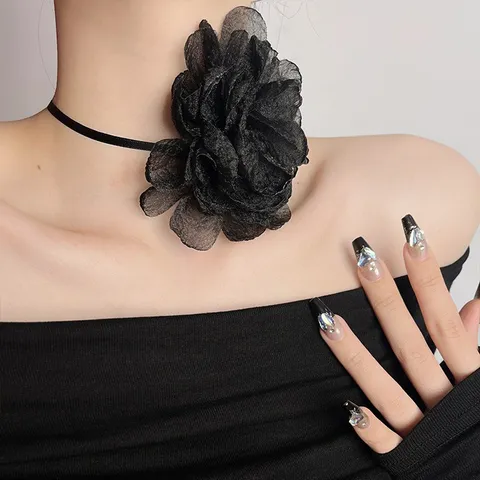Große 3D Stoffblumen Choker Halskette Für Damen Elegante Handgefertigte Florale Band Halskette Party Schmuck Geschenk Schwarz Weiß