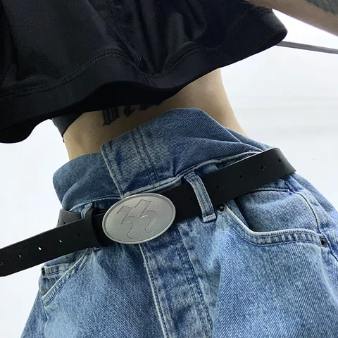 Women Retro Wide PU Leather Belt Distressed Oval Metal Buckle Vintage Gothic Decorative Waistband For Jeans Dress Black Belt
