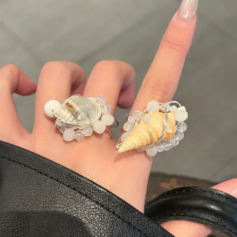 Schicker Legierung Meeresmuschel Schnecke Offener Ring Für Damen Handgefertigter Resort-Stil Künstliche Perle Fingerring Schmuck Geschenk