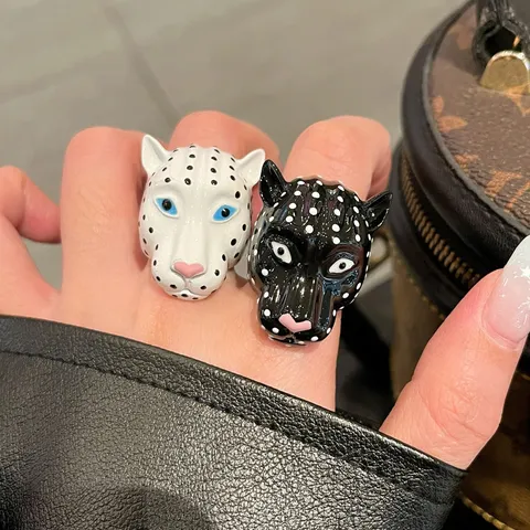 Moda Retro Lega Smalto Animale Anello Aperto Carino Cervo Coniglio Testa di Leopardo Anello da Dito Gioiello di Tendenza Regalo per Donna