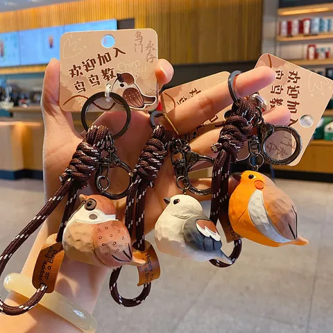 Original Design Harz Holzschnitzerei Stil Süße Vogel Schlüsselanhänger Paar Schlüsselkette Tasche Anhänger