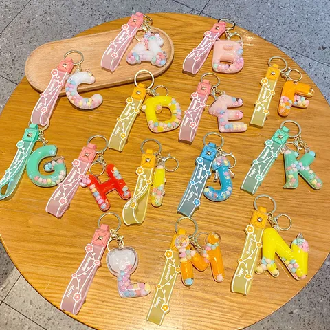 Kreativer Flüssiger Schwimmender Buchstabe Schlüsselanhänger Acryl Treibsand Glitzer Süßer Alphabet Tasche Anhänger Ring Geschenk Für Damen