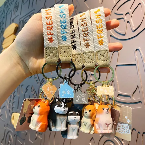 Original Holzschnitzerei Stil Resin Welpe Hund Schlüsselanhänger Süße Cartoon Tier Schlüsselanhänger Tasche Anhänger Auto Schlüsselring Schmuck Geschenk
