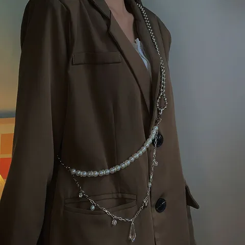 Hip Hop Layered Artificial Pearl Waist Chain Double Layer Metal Heart Pendant Body Chain Fashion Jewelry For Women