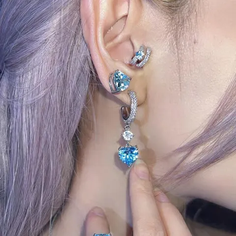 Vintage Legierung Strass Herz Ohrklemmen Set Blau Kristall Ozean Herz Ohrringe Ohne Loch Knorpel Clip Ohrringe Für Damen Schmuck
