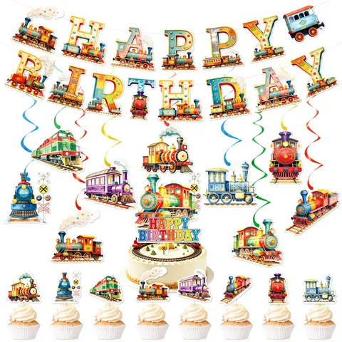 Banner de Decoración de Fiesta de Cumpleaños de Tren Espirales Colgantes Cake Toppers Suministros de Celebración