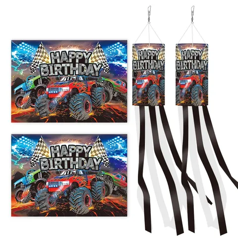 Monster Truck Theme Party Windsock Waterproof Polyester Hanging Banner Streamer For Outdoor Yard Birthday Party Decoration Kids Holiday Ornaments