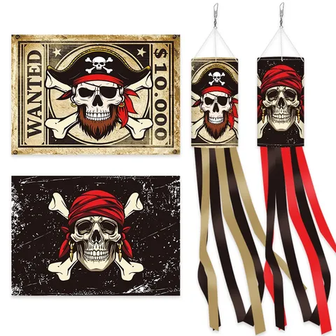 Halloween Pirate Windsock Flag Polyester Weatherproof Hanging Decoration Tassel Streamers Courtyard Garden Birthday Party Outdoor Banner