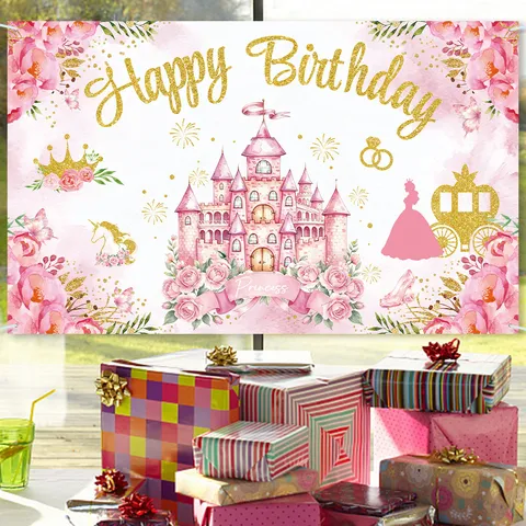 Pink Princess Castle Birthday Party Decoration Set Birthday Banner Backdrop Hanging Swirls Kids Party Supplies