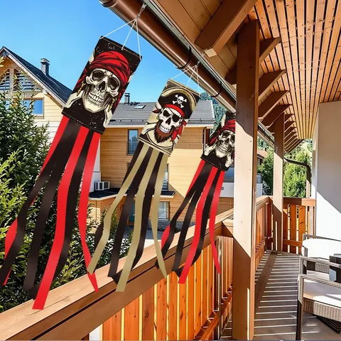 Halloween Pirate Windsock Flag Polyester Weatherproof Hanging Decoration Tassel Streamers Courtyard Garden Birthday Party Outdoor Banner