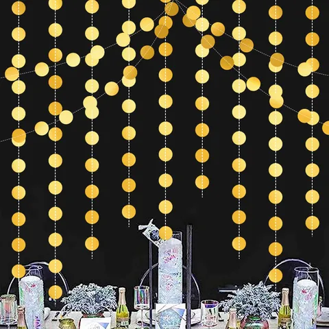 Gold Round Stitched Paper Garland Hanging Ornaments Glitter Circle Dots Garland For Wedding Birthday Party Festival Celebration Decor