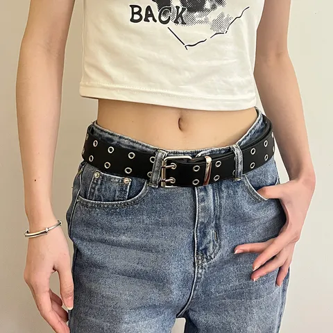 Punk Style Black PU Leather Belt With Double Prong Metal Buckle And Eyelets Hip Hop Casual Waist Belt For Jeans Pants