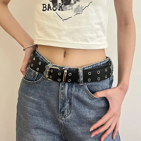 Punk Style Black PU Leather Belt With Double Prong Metal Buckle And Eyelets Hip Hop Casual Waist Belt For Jeans Pants