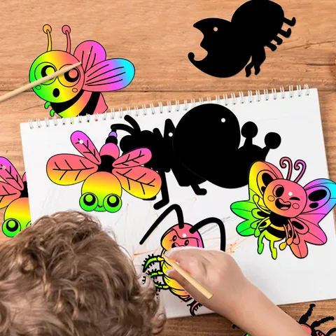 Tarjetas de Rascar DIY Tema de Insectos para Niños Pintura Mágica de Arcoíris con Lápiz de Madera Cinta para Fiesta de Cumpleaños