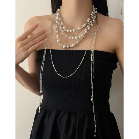 Vintage Layered Artificial Pearl Tassel Necklace For Women Niche Light Luxury Design Alloy Bamboo Joint Pendant Clavicle Chain Jewelry