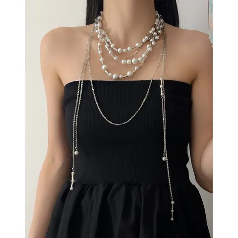Vintage Layered Artificial Pearl Tassel Necklace For Women Niche Light Luxury Design Alloy Bamboo Joint Pendant Clavicle Chain Jewelry
