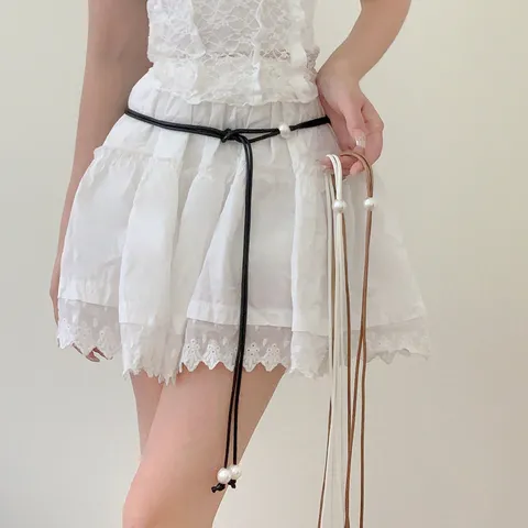 Elegant Woven Thin Waist Chain Belt For Women With Artificial Pearl Decoration Adjustable Pull String Versatile Dress Accessory