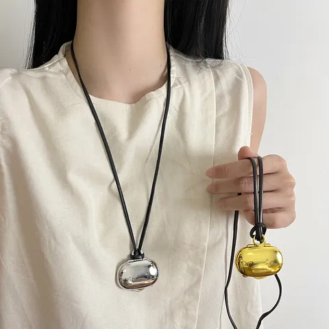 Korean Retro Gold Moon Box Long Necklace For Women Simple Capsule Pendant Leather Cord Sweater Chain Vintage Jewelry
