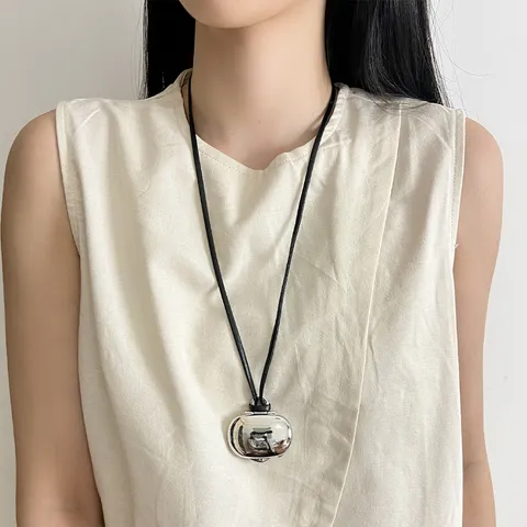 Korean Retro Gold Moon Box Long Necklace For Women Simple Capsule Pendant Leather Cord Sweater Chain Vintage Jewelry
