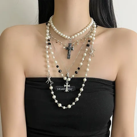Gothic Multi-layer Cross Pearl Necklace For Women Alloy Rhinestone Spider Heart Pendant Punk Grunge Choker Necklace Jewelry