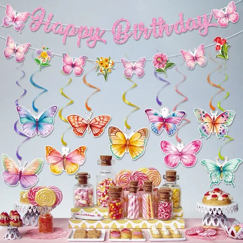 Lente Vlinder Thema Verjaardagsfeest Decoratie Set Roze Glitter Happy Birthday Banner Vlinder Spiraal Hangdecoraties Voor Kinderfeestje
