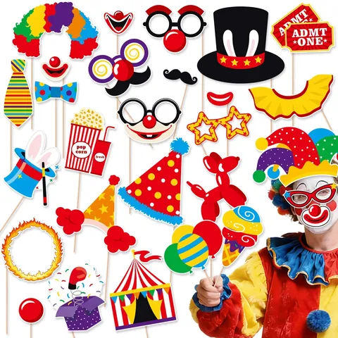 Carnival Circus Theme Photo Booth Props Handheld Clown Birthday Party Decorations DIY Selfie Props Kit