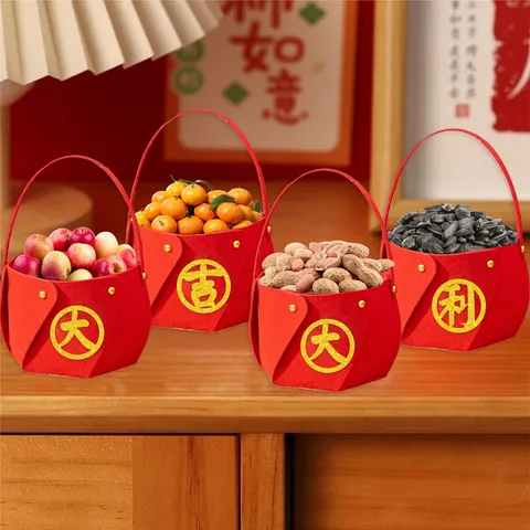 Chinese Style Non-Woven Fabric Hand Basket Red Festive Character Pattern Desktop Decoration Tableware Tray For Spring Festival New Year Party Holiday Home Decor Gift Basket