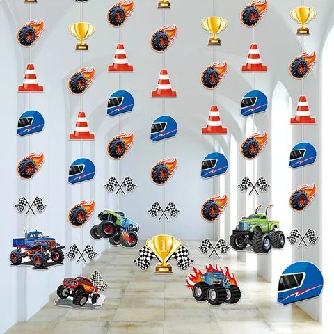 Decoraciones para Fiesta de Cumpleaños Monster Truck Remolinos Colgantes Tema Vehículo Todo Terreno Suministros para Fiesta Bandera de Cuadros Trofeo Casco Pancarta de Papel