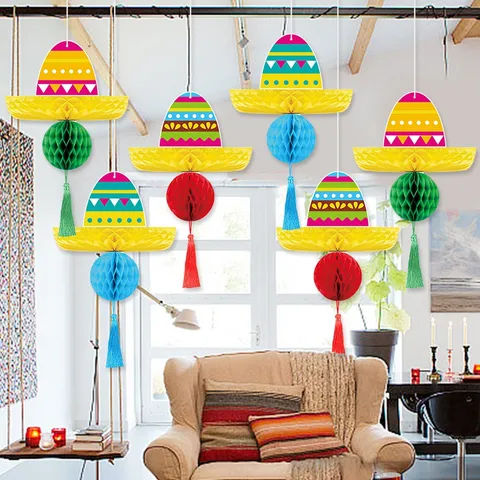 Mexican Sombrero Honeycomb Hanging Ornaments Fiesta Party Decorations Tassel Paper Pom Poms Cinco De Mayo Home Decor