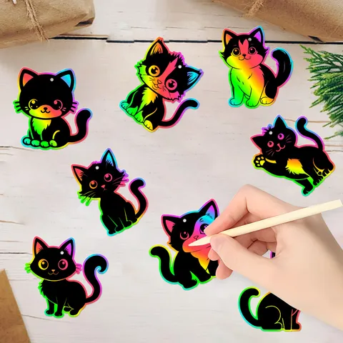 Etiquetas Colgantes Gato Arcoíris Arte de Raspar DIY Con Cintas Papel Colorido Para Decoración Fiesta Cumpleaños Niños
