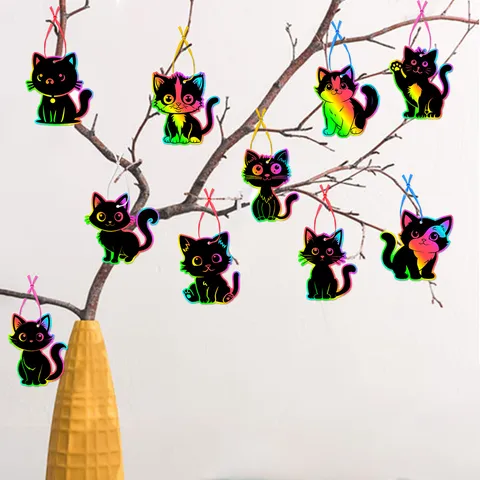 Etiquetas Colgantes Gato Arcoíris Arte de Raspar DIY Con Cintas Papel Colorido Para Decoración Fiesta Cumpleaños Niños