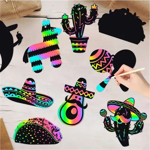 Kit de Tarjetas de Arte de Rascar Cinco De Mayo Decoración de Fiesta Mexicana Cactus Sombrero Guitarra Piñata DIY Papel