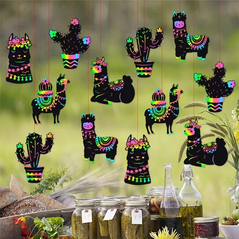 Decoraciones de Fiesta Mexicana Cinco De Mayo Cactus Alpaca DIY Kit de Arte de Rascar Arcoiris Ornamentos Colgantes para Niños Fiesta