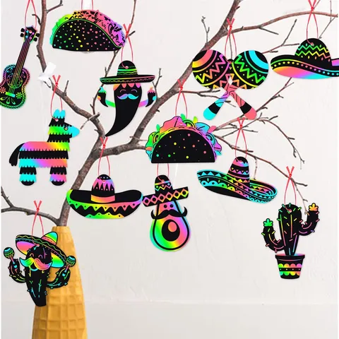 Kit de Tarjetas de Arte de Rascar Cinco De Mayo Decoración de Fiesta Mexicana Cactus Sombrero Guitarra Piñata DIY Papel