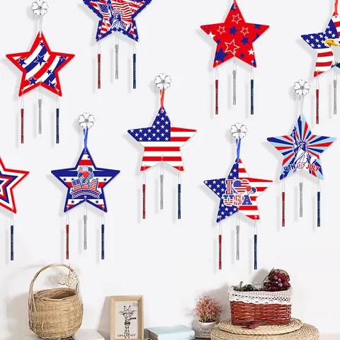Patriotic US Independence Day Hanging Wind Chimes Red White Blue Star Statue of Liberty Banner Ornaments 4th of July Celebration Party Decorations Home Yard Hanging Decor