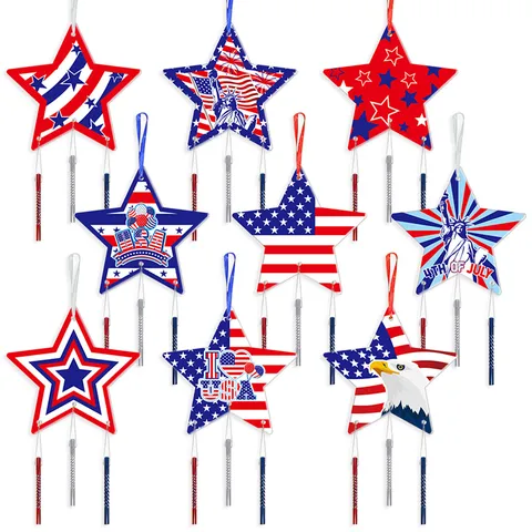 Patriotic US Independence Day Hanging Wind Chimes Red White Blue Star Statue of Liberty Banner Ornaments 4th of July Celebration Party Decorations Home Yard Hanging Decor