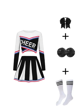 Damen Langarm Cheerleader Uniform Set Preppy Crop Top Plissierter Rock Auftritt Kostüm Mit Zubehör